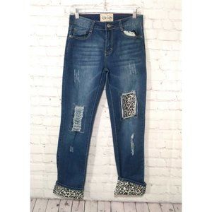 L&B Lucky & Blessed Womens Jeans Sz 6 Distressed Leopard Cuff Stretch 28x29.5